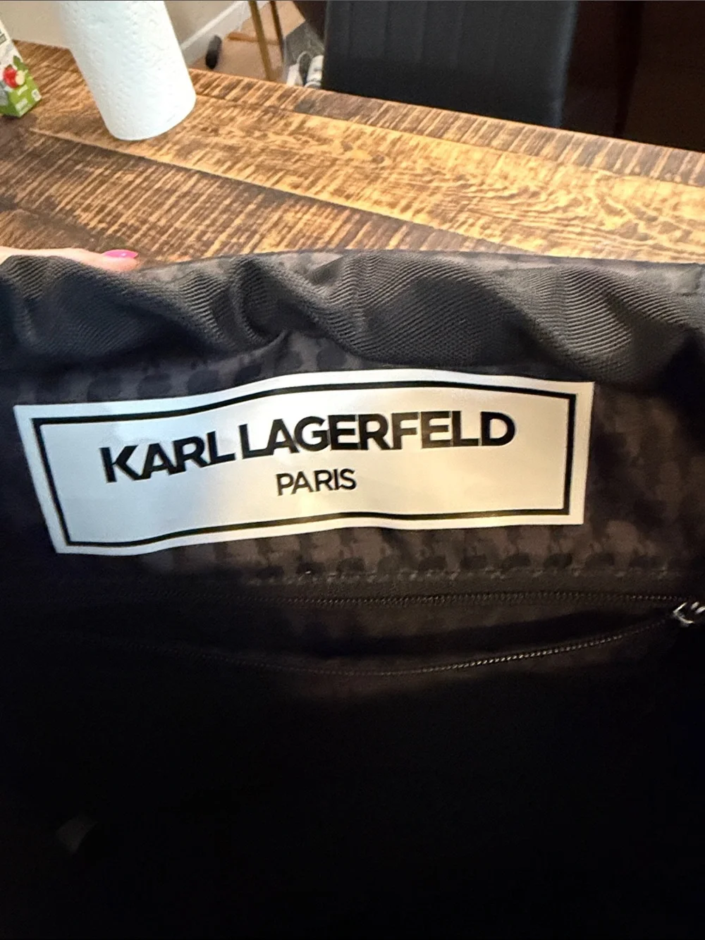 Karl Lagerfeld Black Saffiano Drawstring Backpack with Front Pocket